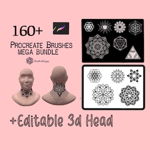 Może przedstawiać: Cyfrowa ilustracja 3D głowy z tatuażem mandali na szyi. Obraz przedstawia również kolekcję ponad 160 pędzli Procreate, w tym wzory geometryczne i kwiatowe. Na obrazie widnieje tekst "160+ Procreate Brushes Mega Bundle + Editable 3D Head".