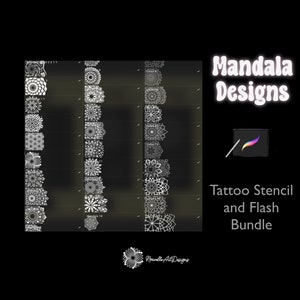 May include: A set of 3 tattoo stencils featuring mandala designs. The stencils are black and white and are arranged in three columns. The text "Mandala Designs Tattoo Stencil and Flash Bundle" is visible in the image.