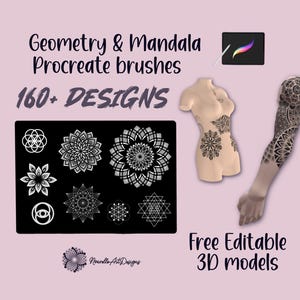 May include: Digital art supplies for Procreate. The image shows a collection of geometry and mandala brushes with over 160 designs. Includes free editable 3D models. The image also shows a digital drawing tablet and a stylized arm and torso with mandala designs.