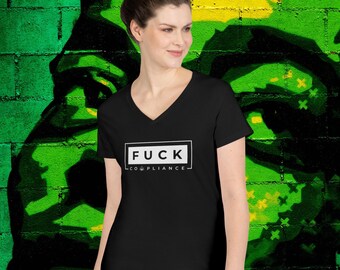 Fuck Cannabis Compliance Women's Jersey Short Sleeve Deep V-Neck Tee White Print