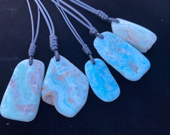 Blue Caribbean Tumbled Pendant Handmade Necklace Calcite Gift