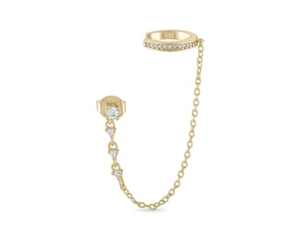 925 Sterling Silver 14k Vermeil Tarnish Proof Hypoallergenic Multi Way Wear Drop Dangle Chain Stud Earring with Reversible Cuff
