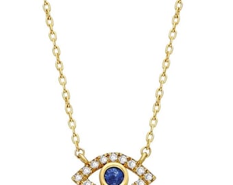 14k Solid Gold Diamant & Saphir Evil Eye Halskette