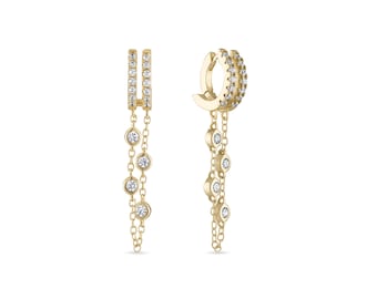 925 Sterling Silver 14k Vermeil Tarnish Proof Hypoallergenic Double Dangle Chain Huggie Earrings