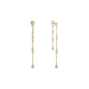 May include: A pair of gold-colored drop earrings. Each earring features a small, round stud with a dangling chain. The chain is adorned with multiple small, round, clear gemstones and a teardrop-shaped gemstone at the end.