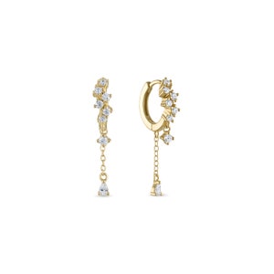 Vermeil Tarnish Proof Hypoallergenic Cluster Huggie with Dangle Chain Earrings