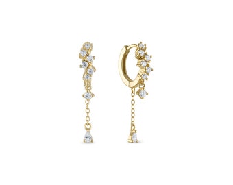 925 Sterling Silver 14k Vermeil Tarnish Proof Hypoallergenic Cluster Huggie with Dangle Chain Earrings