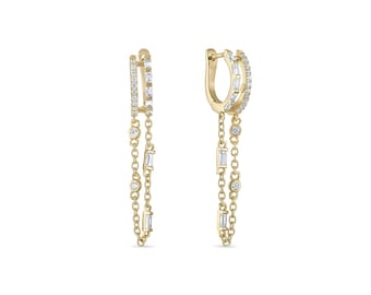 14k Gold Vermeil Baguette Doppelkette Drop Huggie Ohrringe Hypoallergen Anlaufbeständig