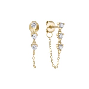 925 Sterling Silver 14k Vermeil Tarnish Proof Hypoallergenic Triple Diamond CZ Prong Set Dangle Drop Chain Earrings