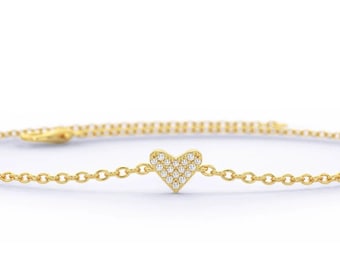 14k Solid Gold Pave 'Diamant-Herzarmband