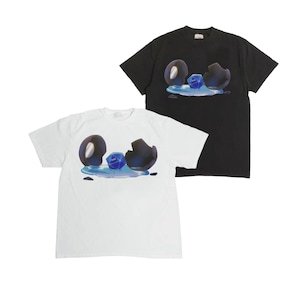 Op de afbeelding: Twee T-shirts met korte mouwen, één wit en één zwart, met een grafisch ontwerp. Het ontwerp toont een gebarsten ei met een blauwe, veelzijdige dobbelsteen en een plas blauwe vloeistof. De shirts zijn waarschijnlijk van katoen.