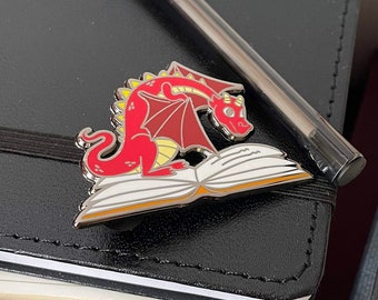 Book Dragon Hard Enamel Pin, Red Dragon Reading a Book, Bookish Literary Gifts for Bookworms, Book Lovers, Bibliophiles, and Readers