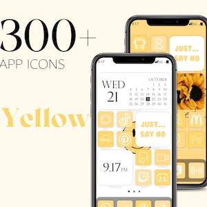 May include: A smartphone screen displaying a collection of yellow app icons. The icons are arranged in a grid pattern and include popular apps such as TikTok, Instagram, Pinterest, and Discord. The phone's background is a light yellow color, and the date is displayed as Wednesday, October 21st. The text "JUST... SAY NO" is displayed on one of the icons.
