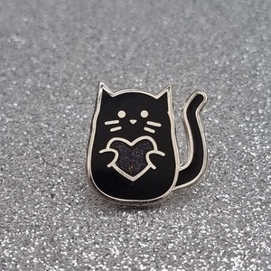 Black Cat Enamel Pin Badge with Black Glitter Heart
