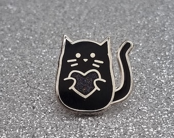 Black Cat Enamel Pin Badge with Black Glitter Heart