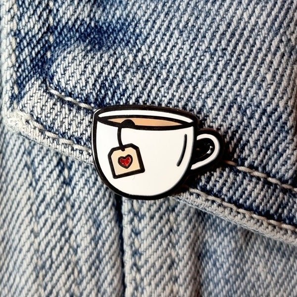 Cup of Tea Enamel Pin Badge with Red Glitter Heart Design