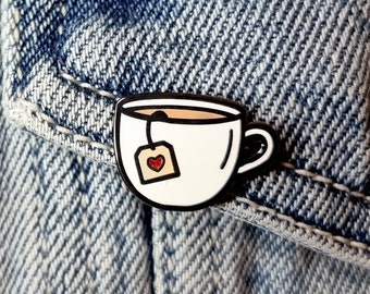 Cup of Tea Enamel Pin Badge with Red Glitter Heart Design