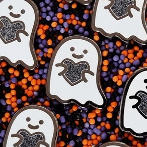 Ghost Enamel Pin Badge with Black Glitter Heart (Percy)