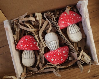 Handmade Clay Mushroom Ornament - Rustic Fly Agaric Decoration - Amanita Ornament
