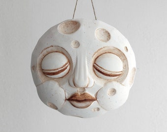 Clay Moon face - Boho Lunar wall pendant- Air dry clay moon wall hanging - Ready to hang