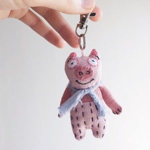 Cute piglet keychain - handmade linen plush - Key ring piglet