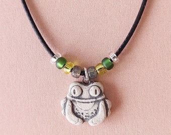 Ceramic Frog Charm Necklace - Rustic Clay Toad Pendant
