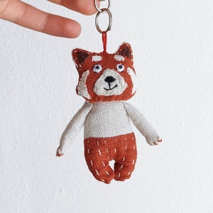Red Panda Keychain - Handmade linen toy - Soft panda keyring