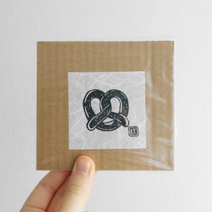 Small Pretzel Linocut Print - Handprinted Pastry Illustration