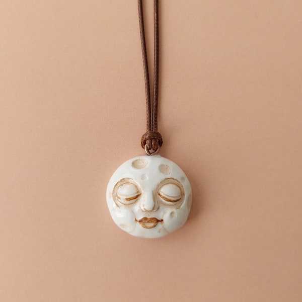 Moon Face Clay Necklace  - Lunar Air dry clay charm - Celestial necklace moon