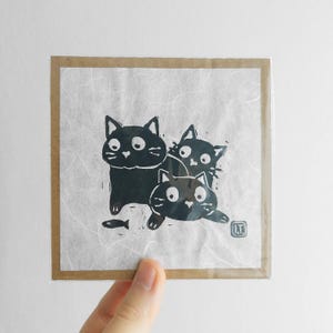 Quirky cats - linocut black kitties - Handprinted