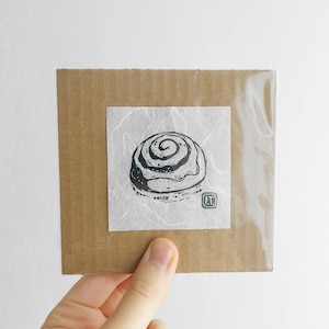 Small Cinnabon Linocut Print - Handprinted Cinnamon Roll Illustration