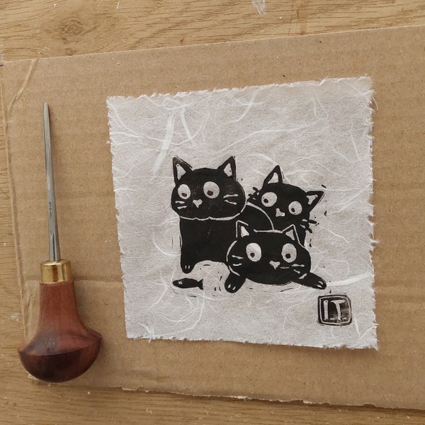 Chats originaux - linogravure minons noirs - Imprimés à la main