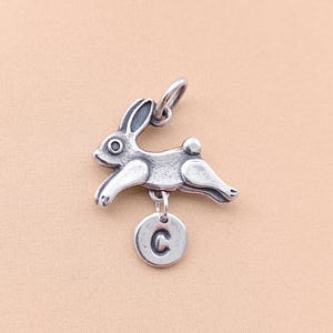 Puede incluir: Un charm plateado con forma de conejo corriendo. El charm tiene un pequeño colgante redondo con la letra "C" grabada. El charm de conejo está detallado con orejas, ojos y patas visibles. El charm está diseñado para ser adjuntado a una pulsera o collar.