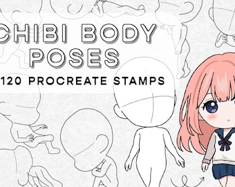 120 Chibi Character Body Pose Procreate Stamp brush Set 2