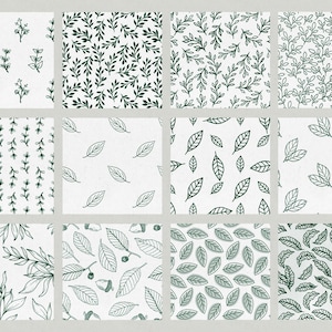 May include: Twelve square patterns showcasing botanical designs. The patterns feature dark green leaves, branches, and floral elements on a white background. The designs vary from simple line drawings to more detailed illustrations, offering a range of natural motifs.
