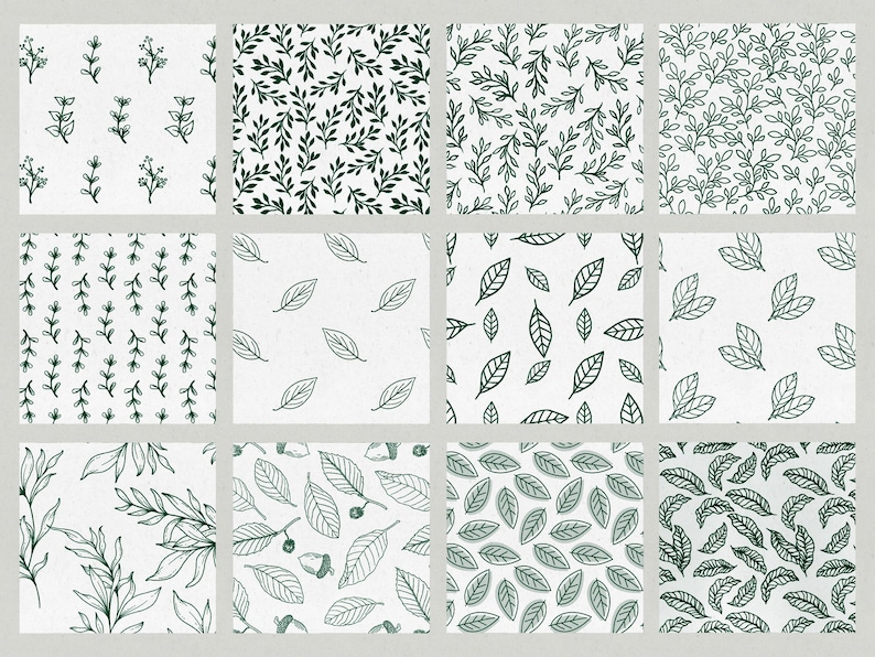 May include: Twelve square patterns showcasing botanical designs. The patterns feature dark green leaves, branches, and floral elements on a white background. The designs vary from simple line drawings to more detailed illustrations, offering a range of natural motifs.
