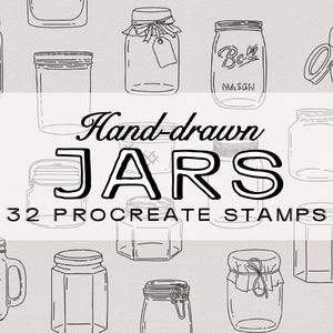 May include: A set of 32 hand-drawn jar illustrations for use as Procreate stamps. The jars are in various shapes and sizes, including round, square, and rectangular. Some jars have lids, while others are open. The jars are all drawn in black and white.