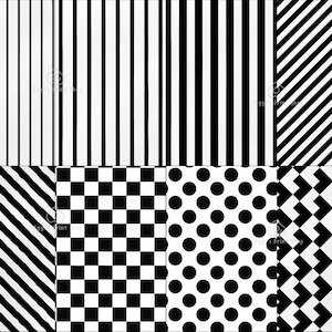 May include: A digital collage of eight different black and white patterns. The patterns include vertical stripes, diagonal stripes, a checkerboard, polka dots, and a diamond pattern.