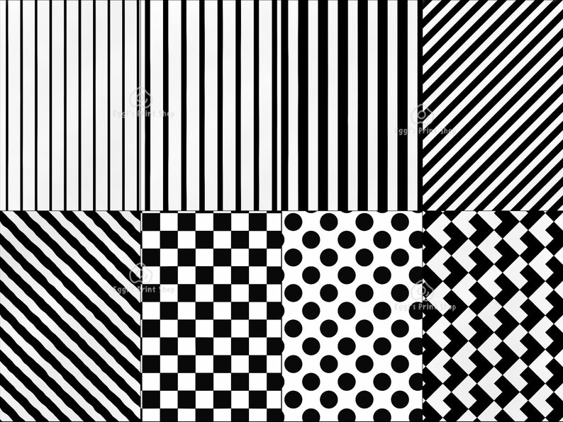 May include: A digital collage of eight different black and white patterns. The patterns include vertical stripes, diagonal stripes, a checkerboard, polka dots, and a diamond pattern.