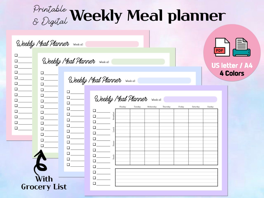 Weekly Meal Planner Printable: Grocery List, A4/letter Size (PDF ...