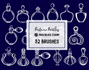 Può includere: Immagine blu scuro con 12 illustrazioni di bottiglie di profumo in linea bianca. Include il testo "Perfume Bottles" e "32 Brushes". Le bottiglie variano in forma e design, con diversi stili di tappo.