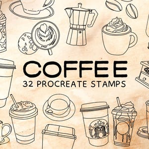 May include: A set of 32 black and white coffee-themed illustrations for Procreate. The illustrations include coffee cups, mugs, a coffee grinder, a coffee pot, and coffee beans.