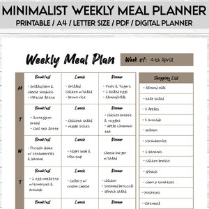 May include: A printable weekly meal planner with a brown background and white text. The planner is divided into sections for breakfast, lunch, dinner, and a shopping list. The week of April 4th is highlighted.