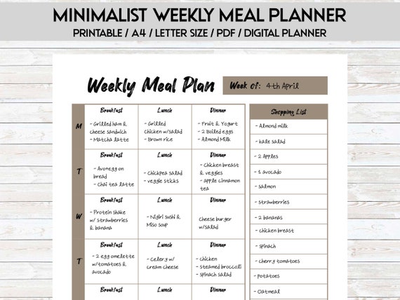 Weekly Meal Planner, grocery list page, printable planner - A4 / Letter size PDF Instant download