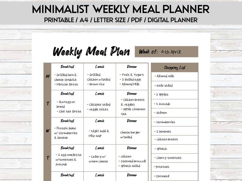 May include: A printable weekly meal planner with a brown background and white text. The planner is divided into sections for breakfast, lunch, dinner, and a shopping list. The week of April 4th is highlighted.