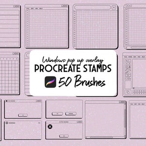 May include: A set of 50 Procreate stamps featuring various window pop-up overlays. The stamps are designed to look like different types of windows, including a music player, a text editor, and a file explorer. The stamps are perfect for adding a retro, digital aesthetic to your designs.