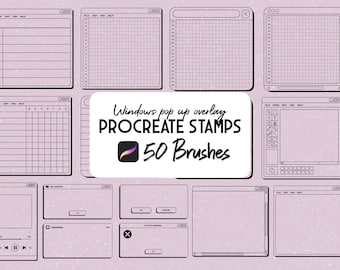 May include: A set of 50 Procreate stamps featuring various window pop-up overlays. The stamps are designed to look like different types of windows, including a music player, a text editor, and a file explorer. The stamps are perfect for adding a retro, digital aesthetic to your designs.