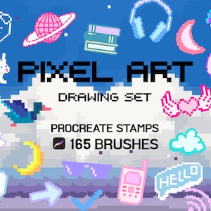 May include: A set of pixel art stamps and brushes for Procreate. The set includes a variety of cute and colorful pixel art designs, including a duck, a heart with wings, a crescent moon, a cloud, a bone, a mushroom, a planet, a pair of sunglasses, a phone, a speech bubble, a drop of water, and a check mark. The set also includes 165 brushes.