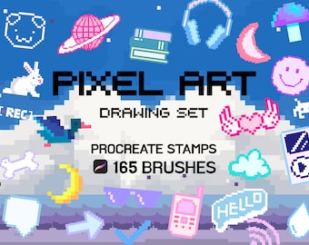 Pode incluir: Um conjunto de carimbos e pincéis de pixel art para Procreate. O conjunto inclui uma variedade de designs de pixel art fofos e coloridos, incluindo um pato, um coração com asas, uma lua crescente, uma nuvem, um osso, um cogumelo, um planeta, um par de óculos de sol, um telefone, um balão de fala, uma gota de água e uma marca de verificação. O conjunto também inclui 165 pincéis.