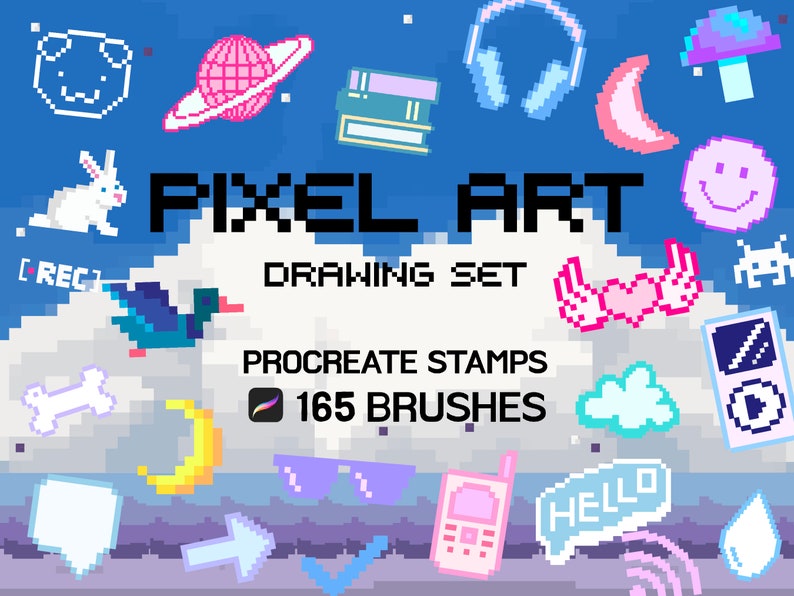 May include: A set of pixel art stamps and brushes for Procreate. The set includes a variety of cute and colorful pixel art designs, including a duck, a heart with wings, a crescent moon, a cloud, a bone, a mushroom, a planet, a pair of sunglasses, a phone, a speech bubble, a drop of water, and a check mark. The set also includes 165 brushes.